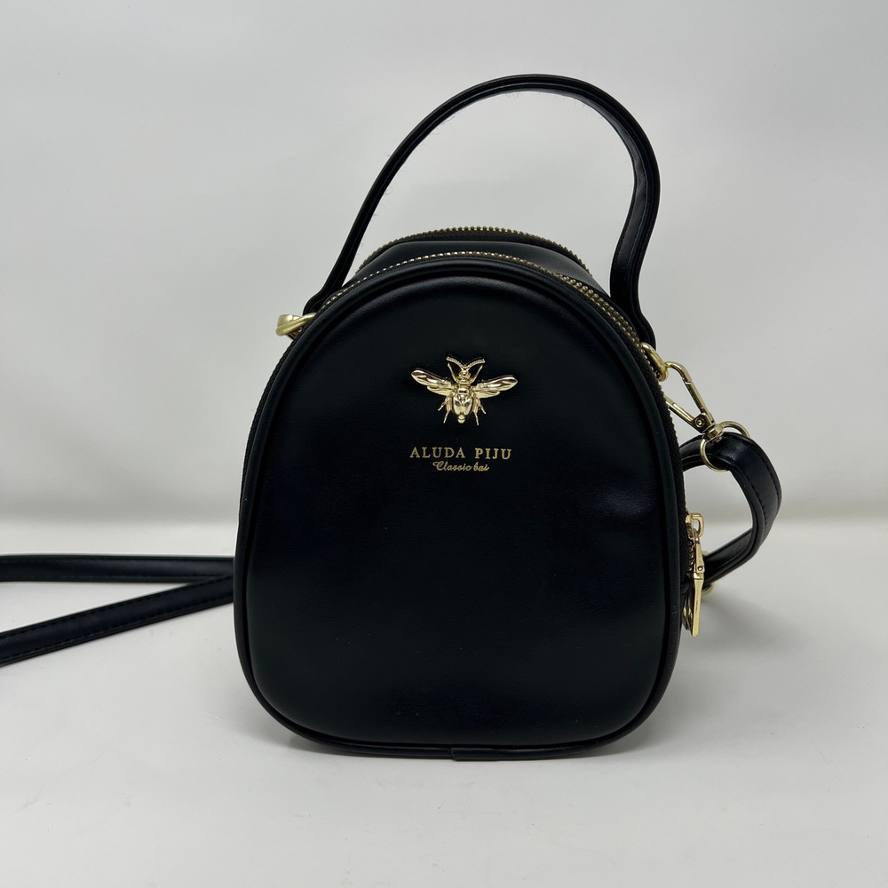 Aluda Piju Black Mini Crossbody Bag Bee Charm Double Zip Purse Womens
